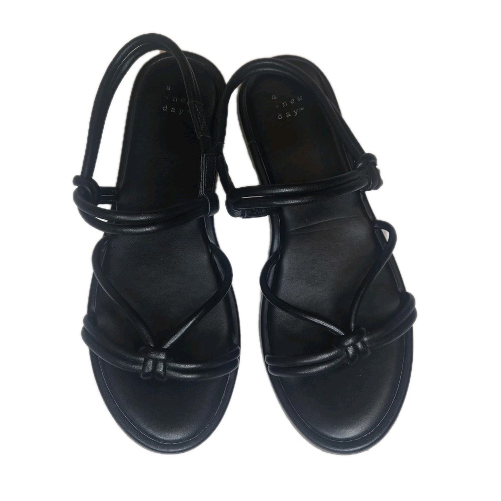 A New Day Sandals Womens 8 Slingback Black Faux Leather Open Toe Casual Flats